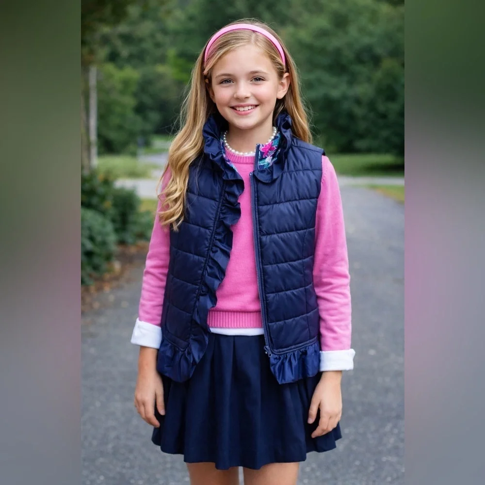 Lilly Pulitzer Girls Melanie Ruffle Floral Zip Up Puffer Vest
